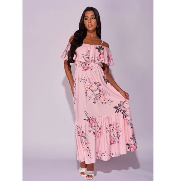 pink floral cold shoulder dress Karen Millen Crinkle Floral Print Beaded Cold Shoulder Maxi Dress